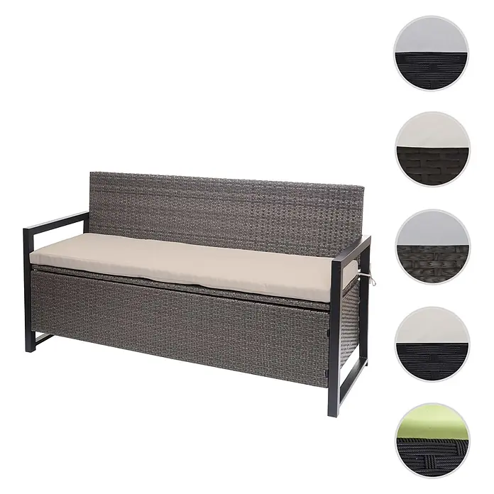 Proregal Gartenbank 3-Sitzer Kissen Beige - B x T x H: 164 x 57 x 87 cm, Polyester, Grau - Dunkelgraue Rattan-Optik Outdoor-Aufbewahrungsbank mit schwarzem Metallrahmen und hellbeigem Kissen.