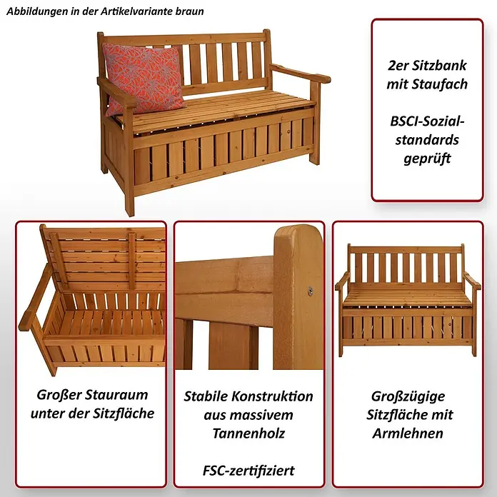 Proregal Gartenbank Mit Stauraum - Holz, Braun - Braune Holz-2er-Sitzbank mit Armlehnen und Stauraum unter der Sitzfläche, aus massivem Tannenholz.