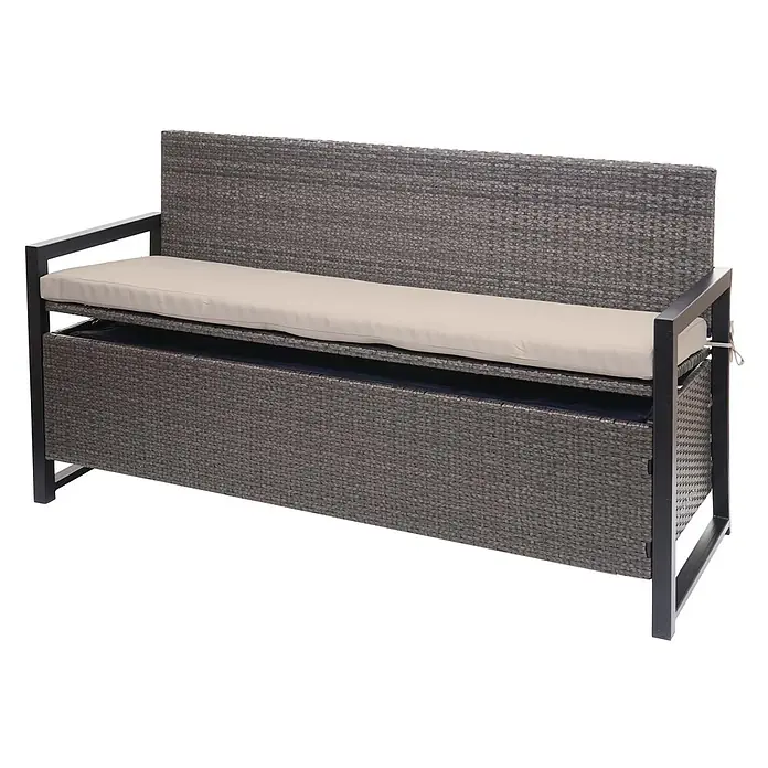 Proregal Gartenbank 3-Sitzer Kissen Beige - B x T x H: 164 x 57 x 87 cm, Polyester, Grau - Graue Polyrattan-Sitzbank mit beigem Kissen und schwarzem Gestell, inklusive Stauraum.
