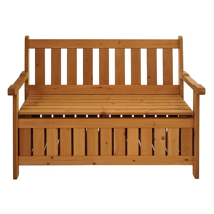 Proregal Gartenbank Mit Stauraum - Holz, Braun - Hellbraune Holz-Sitzbank mit Stauraum, Lattenlehne und -sitz.