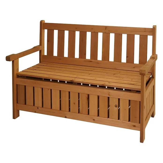 Proregal Gartenbank Mit Stauraum - Holz, Braun - Hellbraune hölzerne Outdoor-Sitzbank mit Stauraum, Lattenrostsitz und Rückenlehne.