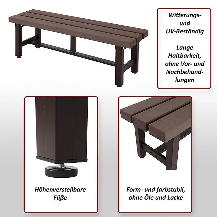 Alu Gartenbank | HxBxT 40x120x34cm | Bank Parkbank Sitzbank Balkonbank | wetterfest WPC | Braun -  - Dunkelbraune, wetterbeständige Gartenbank mit stabilerem Gestell und höhenverstellbaren Füßen.