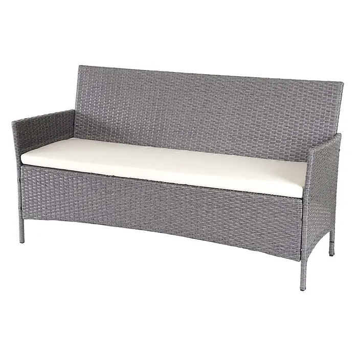 Proregal Gartenbank 3-Sitzer Kissen Creme - Polyester, Grau - Graue Rattan-Gartenbank mit Armlehnen und einem hellen Cremekissen.