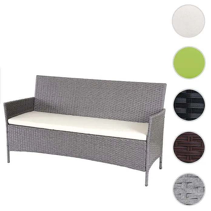 Proregal Gartenbank 3-Sitzer Kissen Creme - Polyester, Grau - Graue Rattan-Gartenbank mit cremefarbenem Sitzkissen.