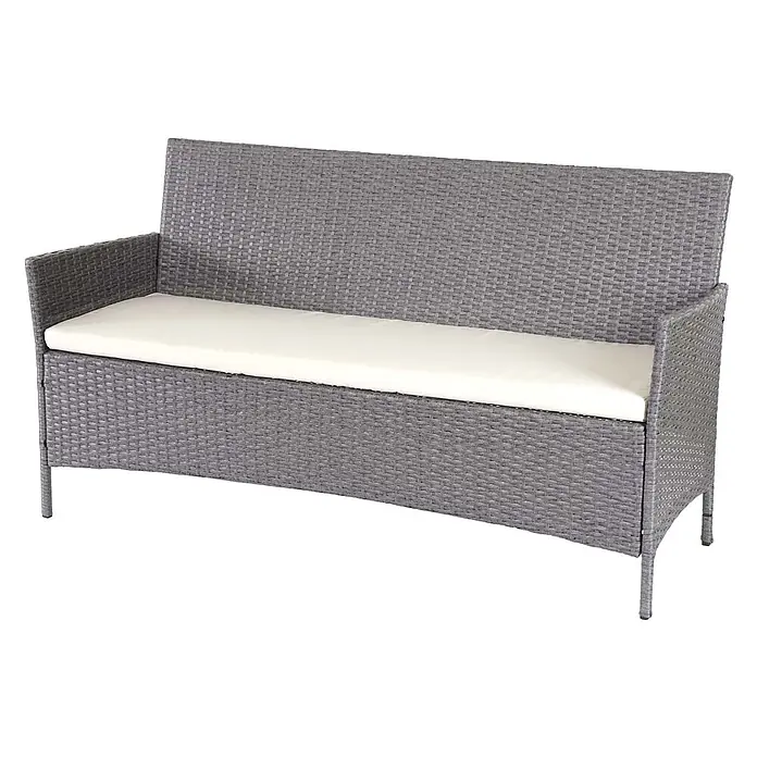 Proregal Gartenbank 3-Sitzer Kissen Creme - Polyester, Grau - Graue Rattan-Gartenbank mit Armlehnen und cremefarbenem Kissen.