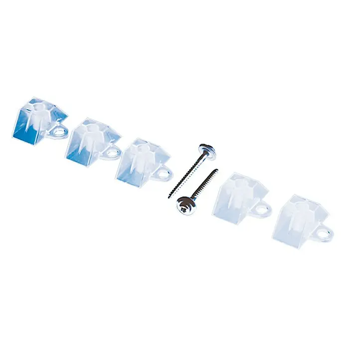 Abstandhalter-Set - 50 Stk., Trapez - Fünf transparente Clips und zwei Schrauben für die Befestigung. Ideal für verschiedene Anwendungen, vielseitig einsetzbar.