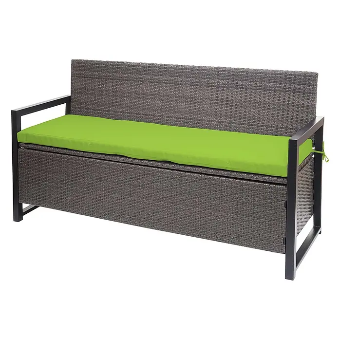 Proregal Gartenbank 3-Sitzer Kissen Grün - Polyester, Grau - Graue Outdoor-Aufbewahrungsbank aus Polyrattan mit schwarzem Metallrahmen und hellgrünem Sitzkissen.
