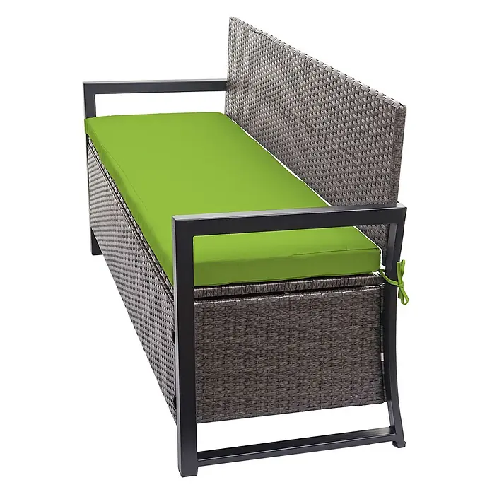 Proregal Gartenbank 3-Sitzer Kissen Grün - Polyester, Grau - Dunkelbraune Rattan-Gartenbank mit schwarzem Metallrahmen und leuchtendgrünem Kissen.