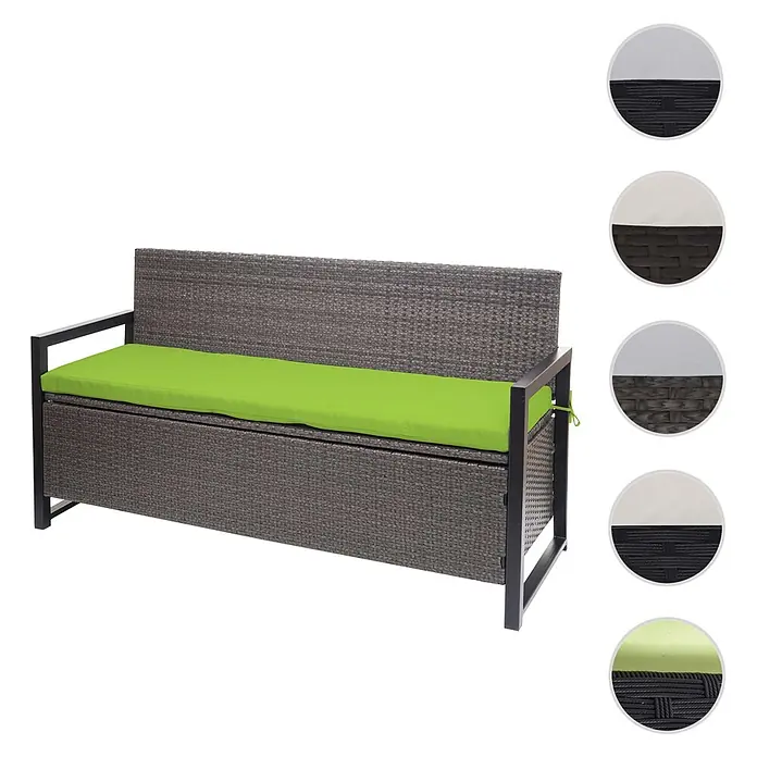 Proregal Gartenbank 3-Sitzer Kissen Grün - Polyester, Grau - Graue Rattan-Sitzbank mit Stauraum, schwarzem Gestell und leuchtend grünem Kissen.