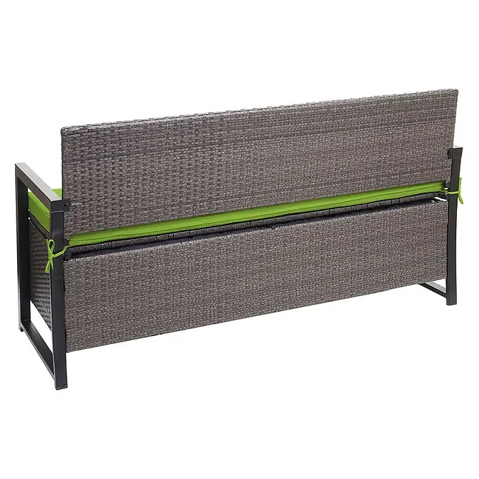 Proregal Gartenbank 3-Sitzer Kissen Grün - Polyester, Grau - Rückseite einer grauen Rattan-Gartenbank mit schwarzem Metallrahmen und hellgrünem Kissen.
