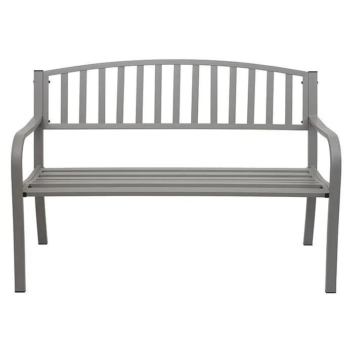 Proregal Gartenbank 2-Sitzer - Stahl, Grau - Graue Metall-Gartenbank mit Lattenrostsitz und Rückenlehne, mit sanft geschwungenem Rücken und Armlehnen.
