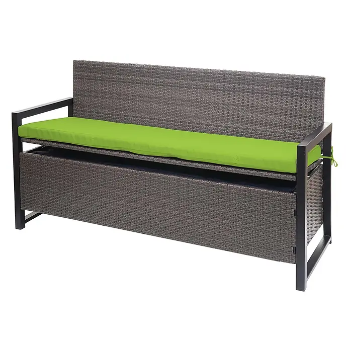 Proregal Gartenbank 3-Sitzer Kissen Grün - Polyester, Grau - Graue Outdoor-Aufbewahrungsbank in Rattan-Optik mit schwarzem Metallrahmen und limettengrünem Kissen.