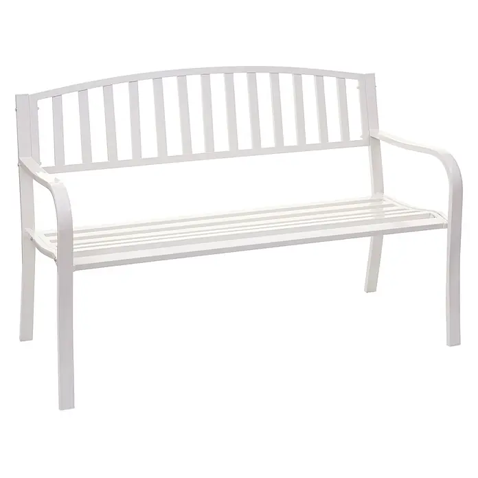 Proregal Gartenbank 2-Sitzer - Stahl, Weiß - Weiße Gartenbank aus Metall mit Lattenrostsitz und Rückenlehne, gebogenen Armlehnen und einer leicht gewölbten oberen Leiste.