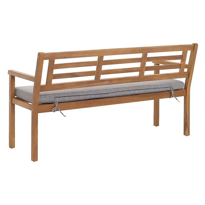 Proregal Gartenbank Mit Kissen Grau - Holz, Braun - Holz-Gartenbank mit Naturholz-Finish und langem grauen Sitzkissen, am Gestell befestigt.