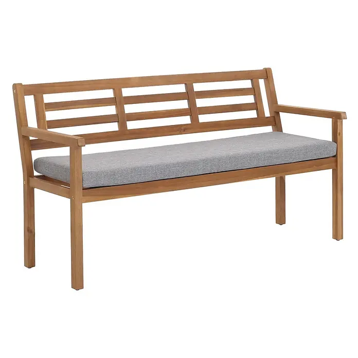 Proregal Gartenbank Mit Kissen Grau - Holz, Braun - Holz Gartenbank mit Lattenrückenlehne und Armlehnen, mit einem grauen Stoffkissen für bequemes Sitzen im Freien.