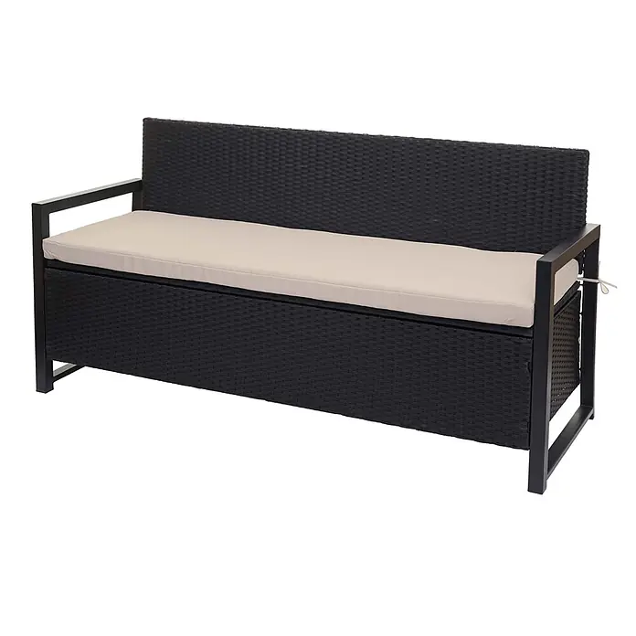 Proregal Gartenbank 3-Sitzer Kissen Beige - Polyester, Grau - Schwarze Rattan-Optik Outdoor-Sitzbank mit Armlehnen, Rückenlehne, beigefarbenem Kissen und integriertem Stauraum.