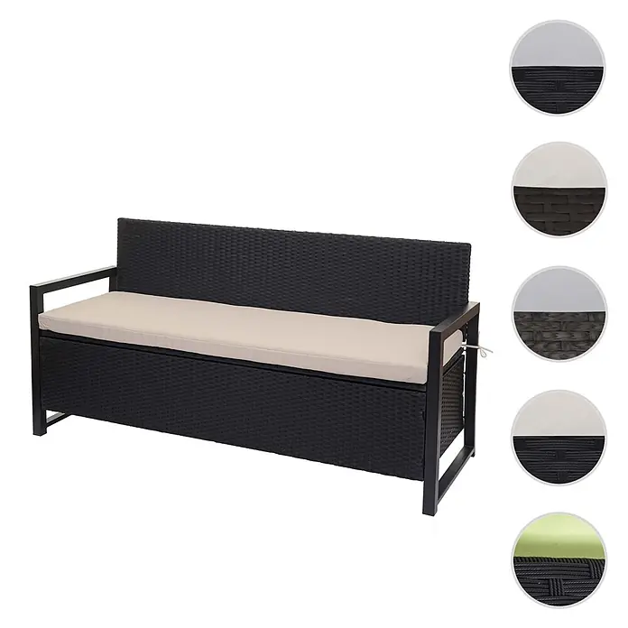 Proregal Gartenbank 3-Sitzer Kissen Beige - Polyester, Grau - Schwarze Rattan-Gartenbank mit Stauraum und beigem Polster.