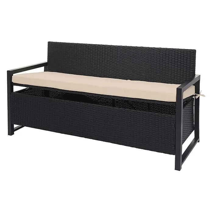 Proregal Gartenbank 3-Sitzer Kissen Beige - Polyester, Grau - Schwarze Rattan-Sitzbank mit beigem Kissen und integriertem Stauraum.