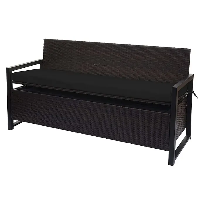 Proregal Gartenbank 3-Sitzer Kissen Schwarz - Polyester, Braun - Dunkelbraune Rattan-Sitzbank mit Stauraum, schwarzem Metallrahmen und schwarzem Kissen.