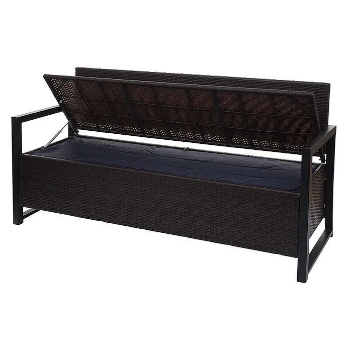 Proregal Gartenbank 3-Sitzer Kissen Schwarz - Polyester, Braun - Dunkelbraune Outdoor-Aufbewahrungsbank in Rattan-Optik mit schwarzem Metallrahmen, Deckel offen, blauer Einsatz sichtbar.