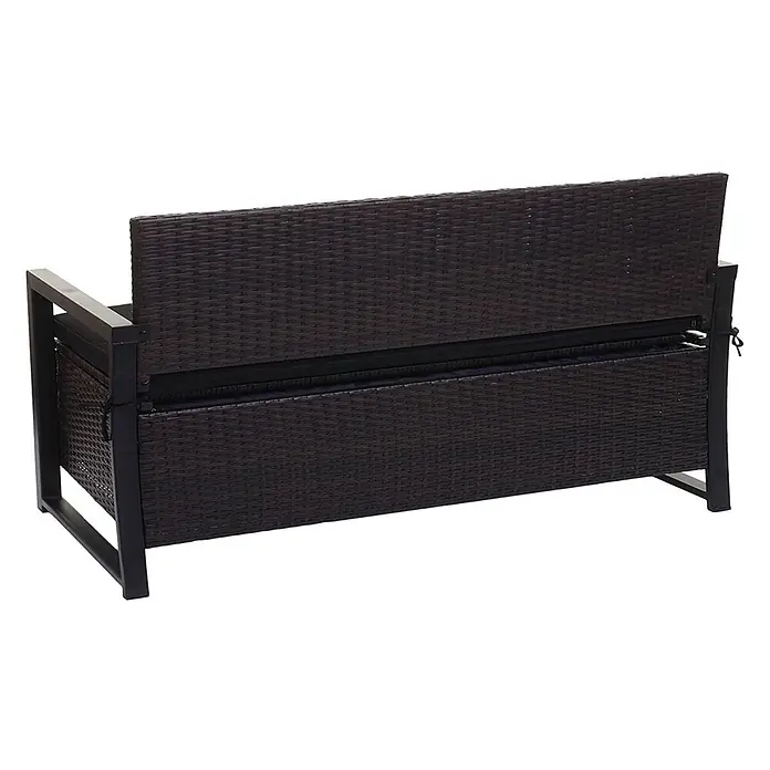 Proregal Gartenbank 3-Sitzer Kissen Schwarz - Polyester, Braun - Rückansicht einer dunkelbraunen Rattan-Gartenbank mit schwarzem Metallrahmen und schwarzen Kissen.