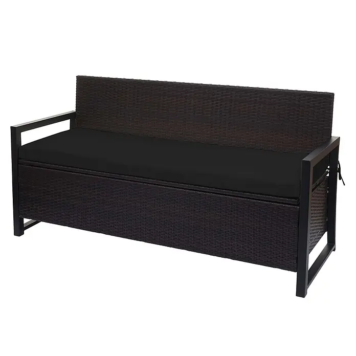 Proregal Gartenbank 3-Sitzer Kissen Schwarz - Polyester, Braun - Dunkelbraune Rattan-Gartenbank mit Stauraum, schwarzem Kissen und schwarzem Metallgestell.