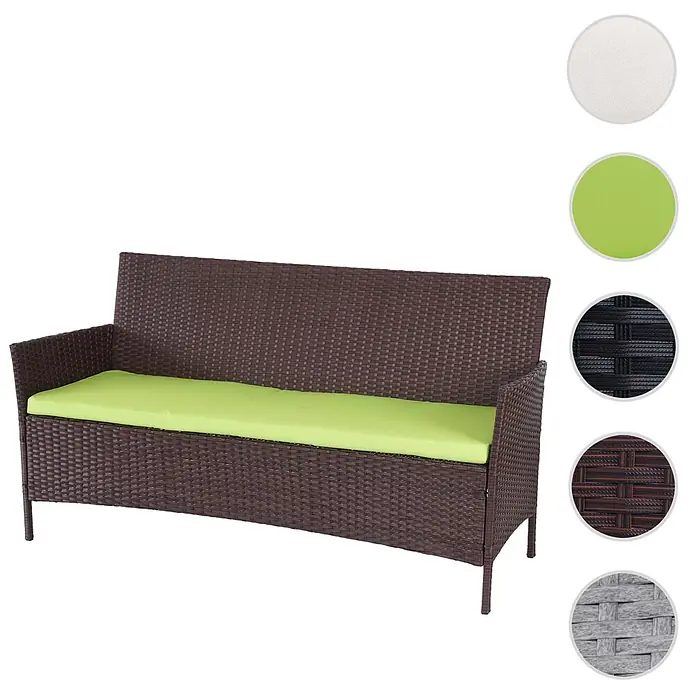 Proregal Gartenbank 3-Sitzer Kissen Grün - Polyester, Braun - Braune Rattan-Gartenbank mit grünem Kissen und verschiedenen Farb-/Materialmustern.