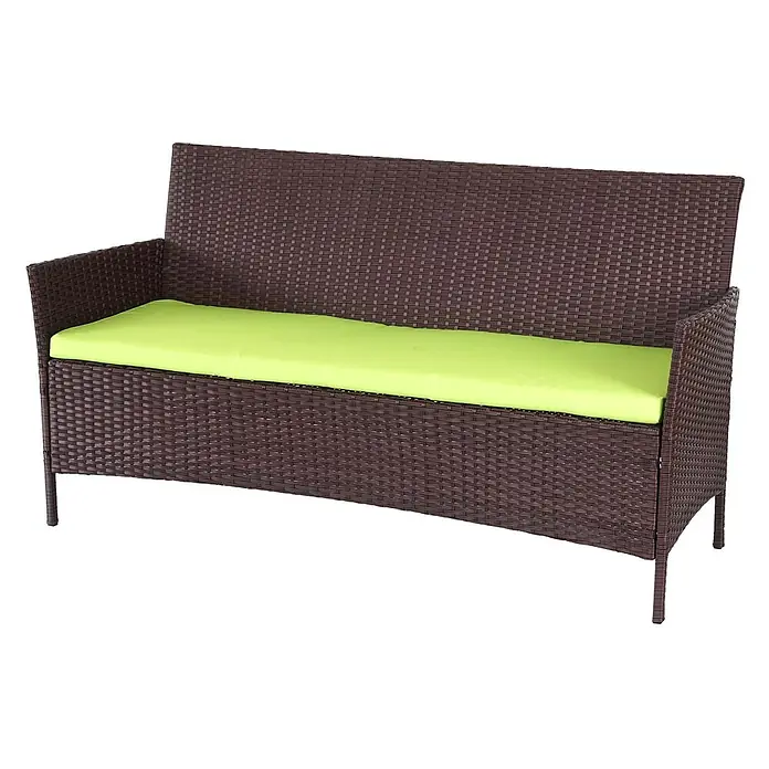 Proregal Gartenbank 3-Sitzer Kissen Grün - Polyester, Braun - Braune Rattan-Gartenbank mit leuchtend grünem Kissen.