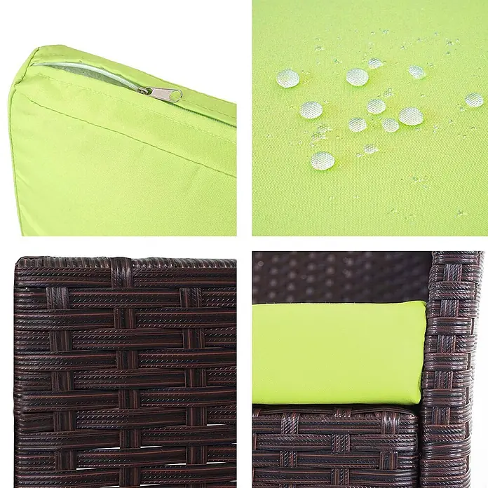 Proregal Gartenbank 3-Sitzer Kissen Grün - Polyester, Braun - Hellgrünes wasserabweisendes Outdoor-Kissen mit Reißverschluss auf dunkelbraunem Rattan-Gartenmöbelrahmen.