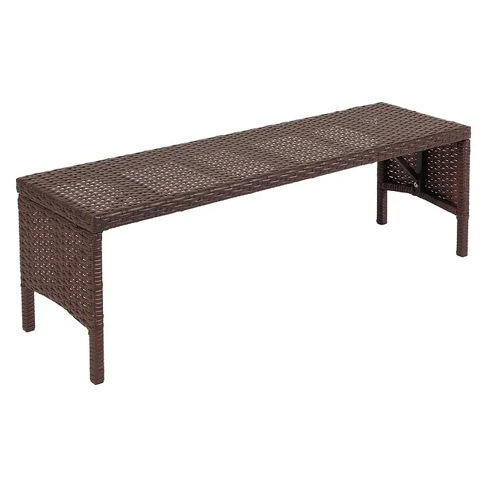 Proregal Gartenbank Poly-Rattan Kissen Creme - Polyester, Braun - Lange braune geflochtene Bank mit rechteckiger Platte und U-förmigen Beinen.