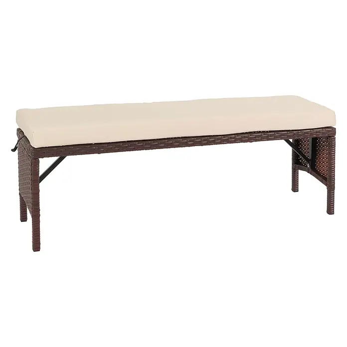 Proregal Gartenbank Poly-Rattan Kissen Creme - Polyester, Braun - Braune Outdoor-Bank aus Geflecht mit cremefarbenem Kissen.
