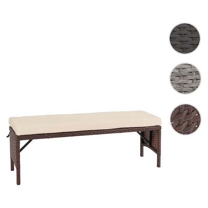 Proregal Gartenbank Poly-Rattan Kissen Creme - Polyester, Braun - Braune Rattan-Gartenbank mit cremefarbenem Kissen. Zeigt Farbproben für graues und braunes Rattan.