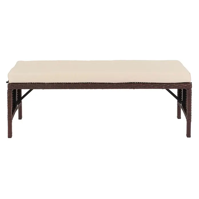 Proregal Gartenbank Poly-Rattan Kissen Creme - Polyester, Braun - Dunkelbraune Rattanbank mit hellbeigem Kissen.