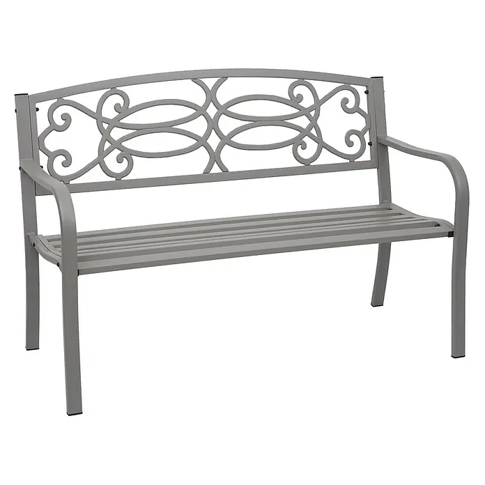 Proregal Gartenbank 2-Sitzer - Stahl, Grau - Graue Metall-Gartenbank mit dekorativer geschwungener Rückenlehne und Lattenrostsitzfläche.