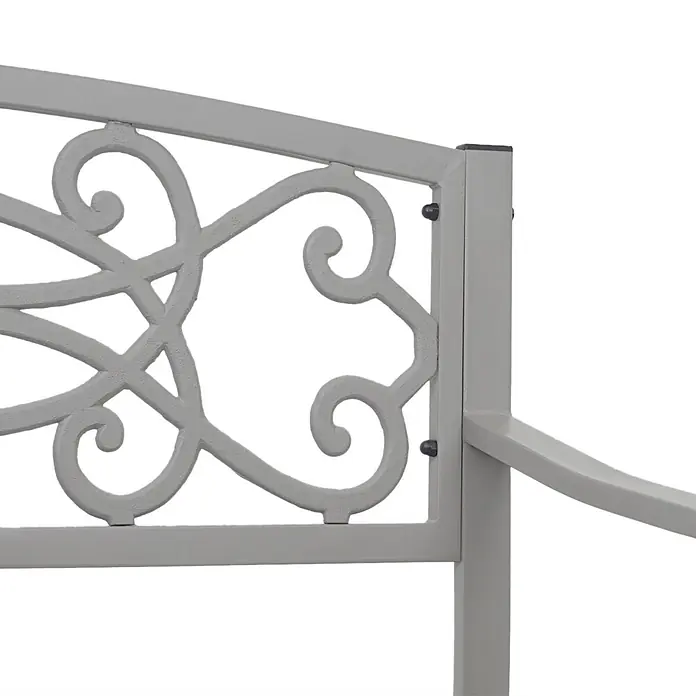 Proregal Gartenbank 2-Sitzer - Stahl, Grau - Detail eines grauen Metall-Gartenmöbels mit kunstvoll geschwungener Rückenlehne und Armlehnenanschluss.