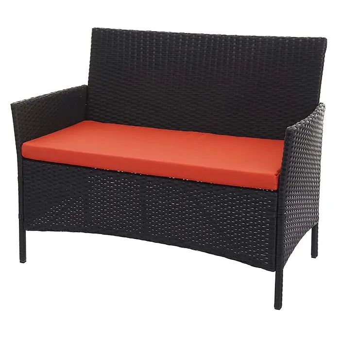 Proregal Gartenbank Kissen Terrakotta - Polyester, Schwarz - Schwarze Rattan-Gartenbank mit orangefarbenem Sitzkissen.