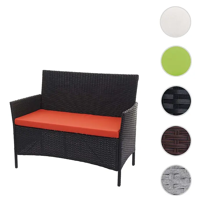 Proregal Gartenbank Kissen Terrakotta - Polyester, Schwarz - Dunkelbraune Rattanbank mit orangem Sitzkissen.