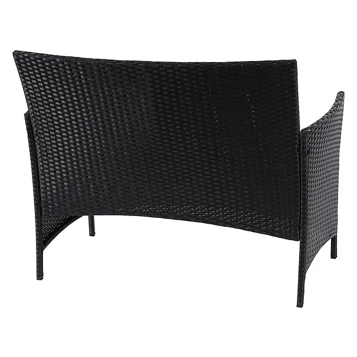 Proregal Gartenbank Kissen Terrakotta - Polyester, Schwarz - Schwarzer Outdoor-Stuhl aus geflochtenem Polyrattan, von hinten gesehen. Mit geschwungener Rückenlehne und Armlehnen.