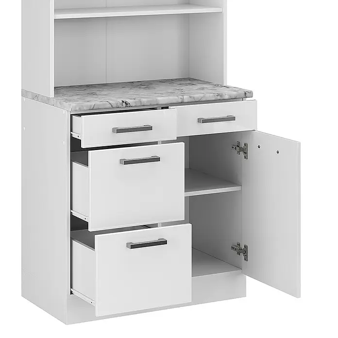 Vicco Küchenleerblock R-Line Weiß Hochglanz, AP Marmor - Weiß Hochglanz - Weißer Küchenschrank mit Marmoroptik-Arbeitsplatte, drei offenen Schubladen und offenem Schrankfach mit Regalen.