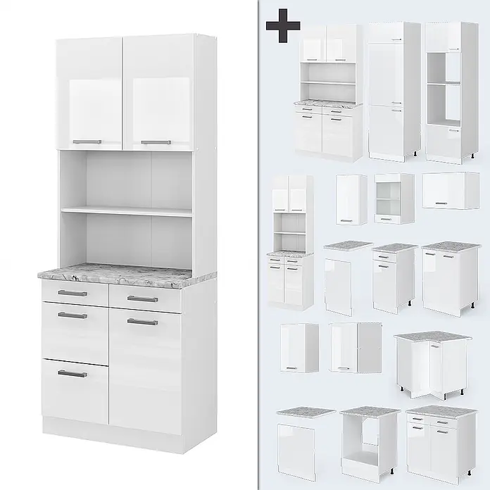 Vicco Küchenleerblock R-Line Weiß Hochglanz, AP Marmor - Weiß Hochglanz - Modulares weißes Hochglanz-Küchenschrank-Set mit grauer Marmor-Arbeitsplatte und verschiedenen Einzelkomponenten.