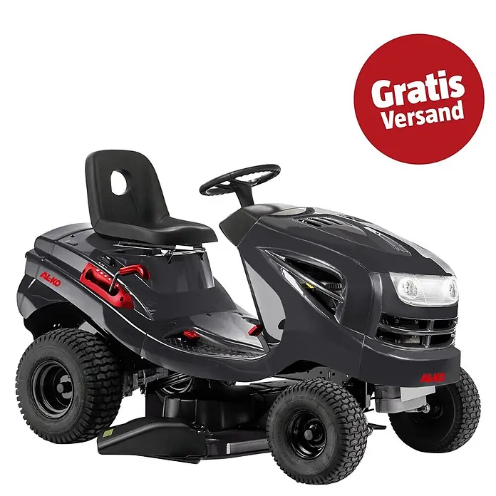 AL-KO Easy Rasentraktor 15-93.2 HDS-A - 452 cm³, Schnittbreite: 93 cm - Dunkelgrauer AL-KO Aufsitzrasenmäher mit roten Akzenten und schwarzem Sitz, großen Profilreifen und Frontscheinwerfern.