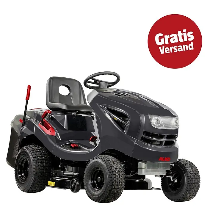 AL-KO Easy Rasentraktor T 15-93.2 HD-A - 452 cm³, Schnittbreite: 93 cm, Schnitthöhe: 80 mm - Dunkelgrauer Aufsitzrasenmäher mit roten Akzenten, großen Profilrädern und einem bequemen Sitz.