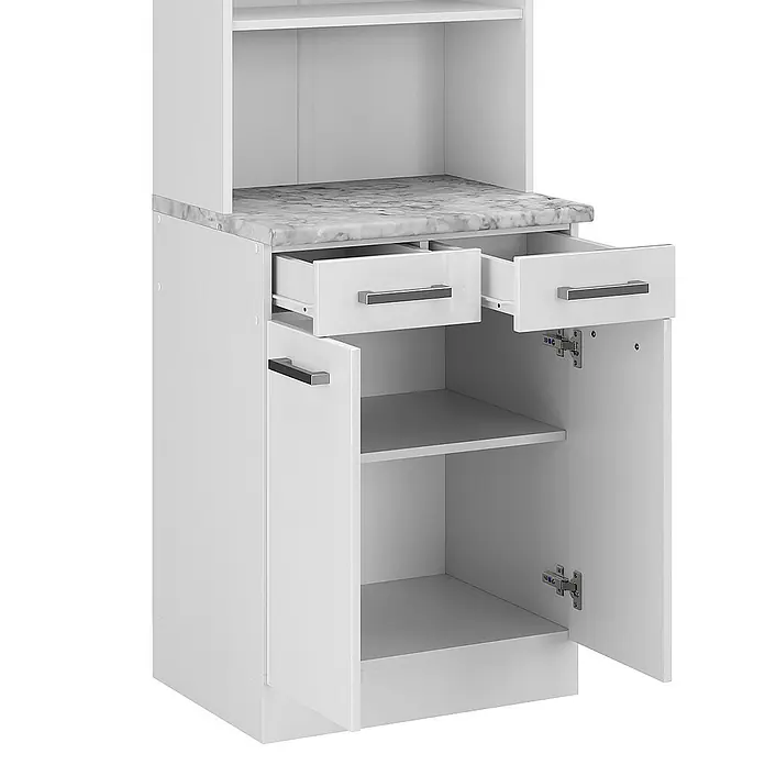 Vicco Küchenleerblock R-Line Weiß Hochglanz, AP Marmor - Breite: 60 cm, Weiß Hochglanz - Weißer Küchenschrank mit Marmor-Arbeitsplatte, geöffneten Schubladen und offener Tür, die Innenfächer zeigt.