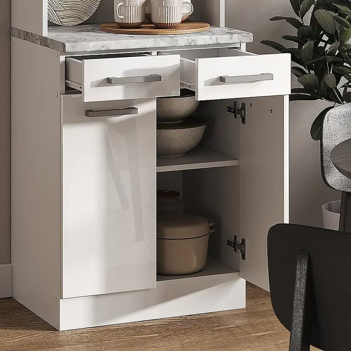 Vicco Küchenleerblock R-Line Weiß Hochglanz, AP Marmor - Breite: 60 cm, Weiß Hochglanz - Moderner weißer Küchenschrank mit Marmor-Arbeitsplatte und offenen Schubladen/Türen, die Stauraum zeigen.
