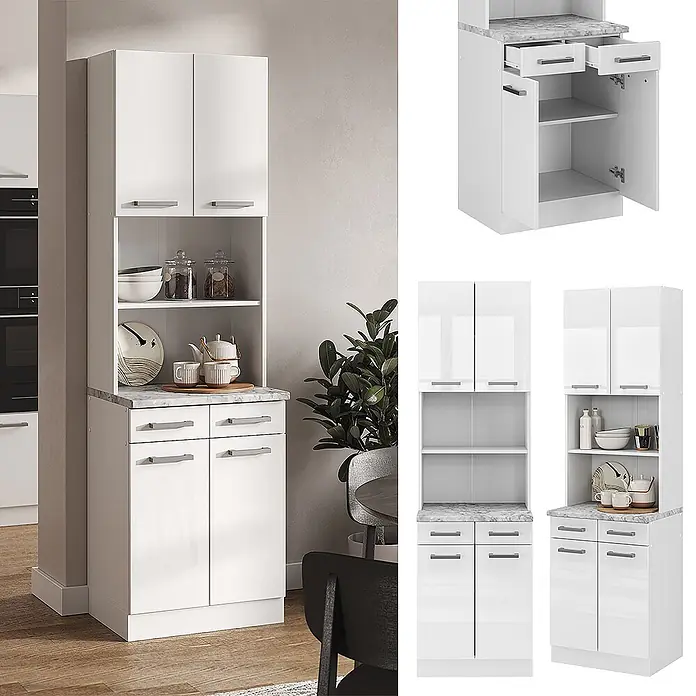 Vicco Küchenleerblock R-Line Weiß Hochglanz, AP Marmor - Breite: 60 cm, Weiß Hochglanz - Weißer Küchenschrank mit Marmoroptikplatte, silbernen Griffen. Bietet obere Schränke, offene Regale, Schubladen und Unterschränke zur Aufbewahrung.