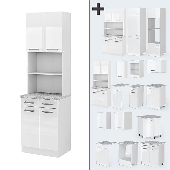 Vicco Küchenleerblock R-Line Weiß Hochglanz, AP Marmor - Breite: 60 cm, Weiß Hochglanz - Weißer Hochglanz-Küchenkombischrank mit grauer Marmoroptik-Arbeitsplatte, bestehend aus Schränken, Schubladen und offenen Regalen.