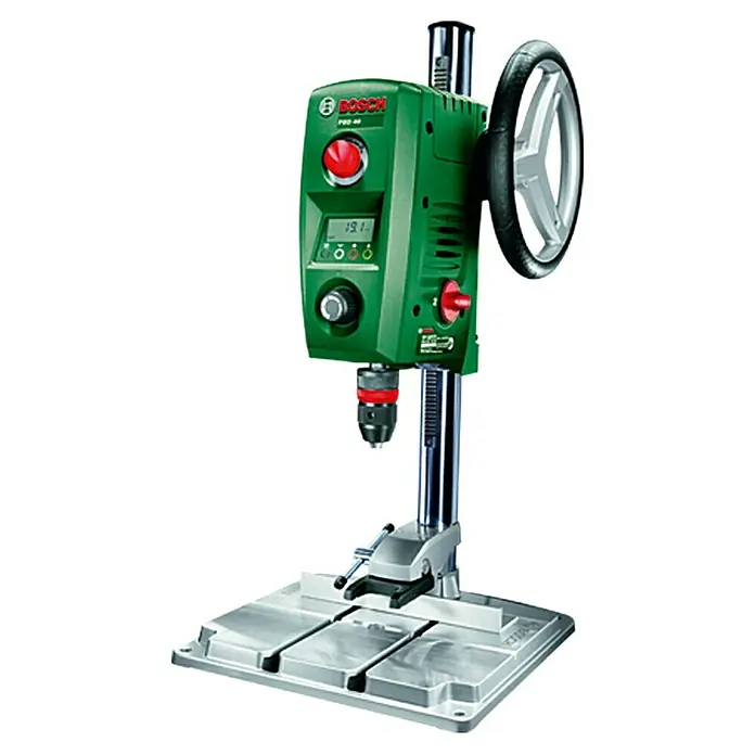 Bosch Tischbohrmaschine PBD 40 - Hub: 90 mm - Das Bild zeigt eine Bosch PBD 40 Tischbohrmaschine, ein Werkzeug für präzise Bohrarbeiten in verschiedenen Materialien.