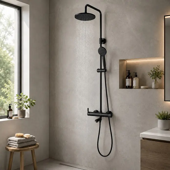 Rousseau Sistema de ducha y bañera Hera - Con grifo monomando, Distancia entre orificios: 15 cm, Número de tipos de chorro: 5 ud., Negro - Sistema de ducha negro con rociador de lluvia y ducha de mano en un baño moderno.