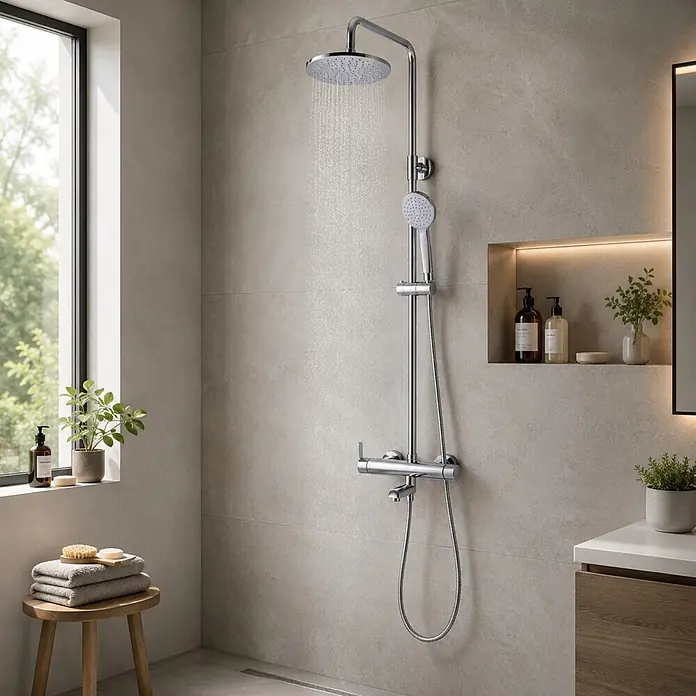 Rousseau Sistema de ducha y bañera Radiance - Con grifo monomando, Distancia entre orificios: 15 cm, Número de tipos de chorro: 1 ud., Cromo - Sistema de ducha cromado con rociador redondo y ducha de mano, con agua fluyendo, en un baño moderno.