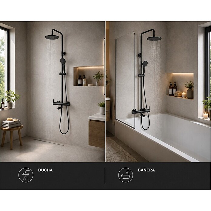 Rousseau Sistema de ducha y bañera Hera (Con grifo monomando, Distancia entre orificios: 15 cm, Número de tipos de chorro: 5 ud., Negro) | BAUHAUS